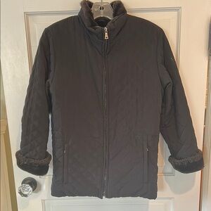 Girls Andrew Marc Black Quilted Jacket with Fur Trim